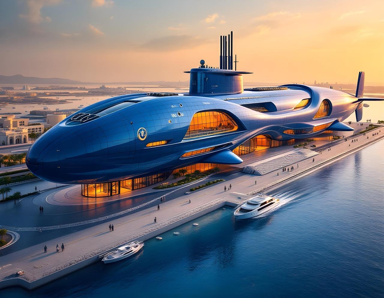 Original project visualisation of the proposed submarine-shaped Marine Academy at sunset